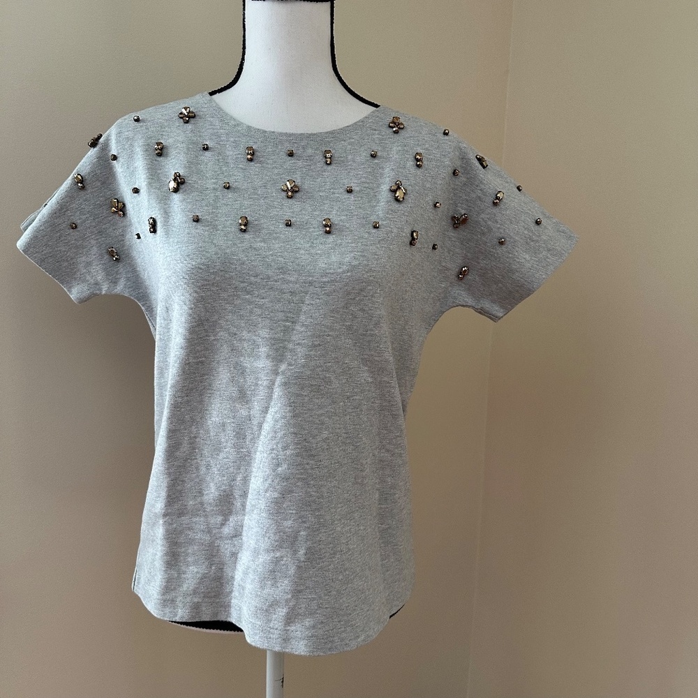 *J. CREW* Gray x Brown Beaded Fashion Short Sleeve Top Size Small